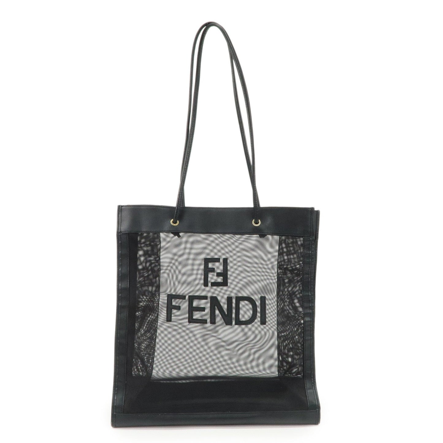FENDI Mesh Leather Tote Bag Shoulder Bag Black Gold Hardware 259647