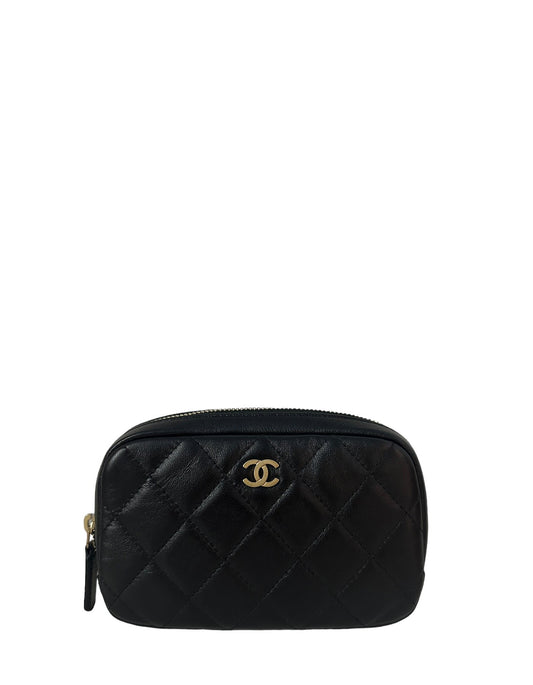 Chanel Black Lambskin Leather Quilted O-Case Pouch Clutch