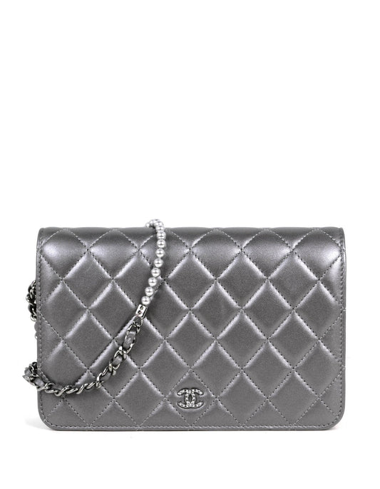 Chanel Silver Lambskin Pearl Wallet On Chain WOC Crossbody Bag