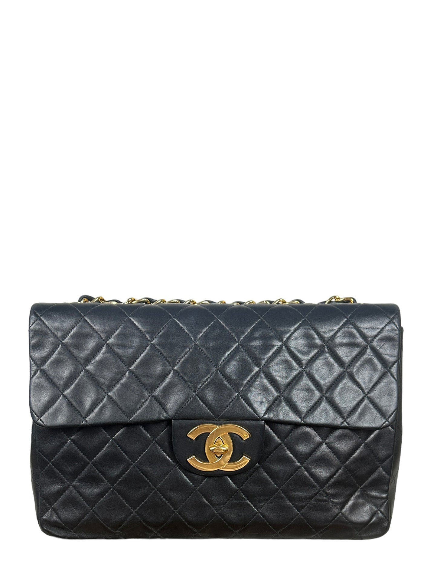 Chanel 1990s Black Lambskin Leather XL Jumbo Flap Bag