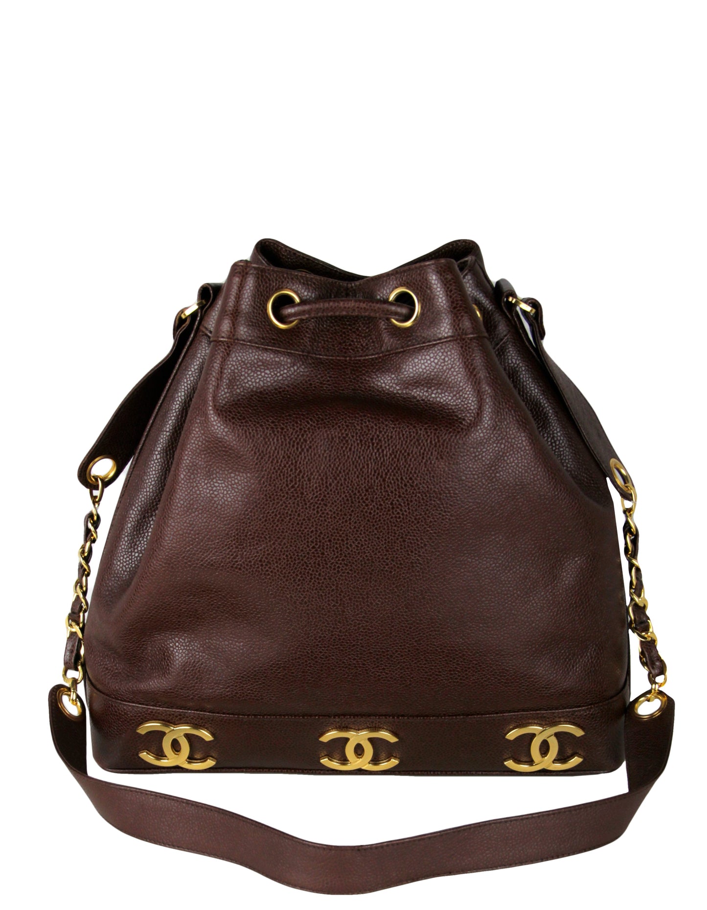 Chanel Brown Logo Caviar Leather Bucket Bag
