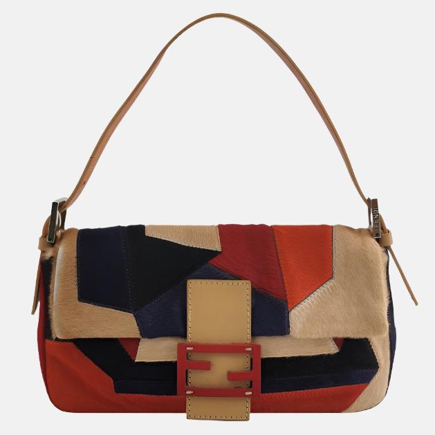 Fendi Baguette Pony-style Calfskin Leather Multicolor Abstract Geometric Patchwork