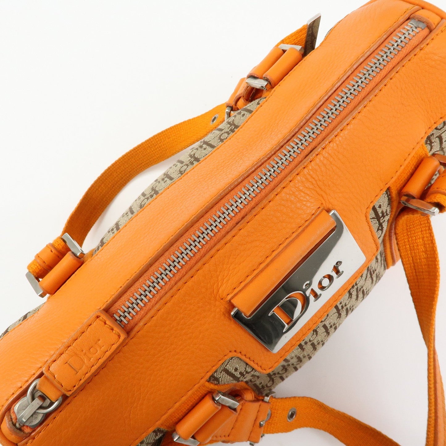 Christian Dior Trotter Canvas Leather Boston Hand Bag Beige Orange
