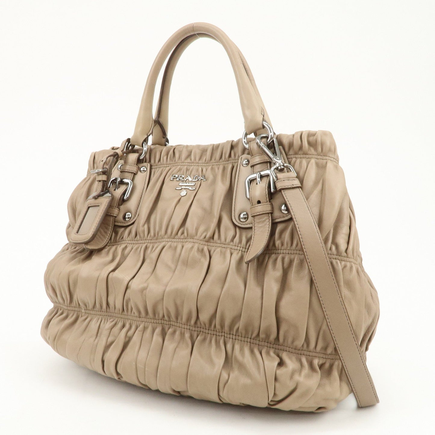 PRADA Logo Leather Gathered 2Way Shoulder Bag Hand Bag BN1789