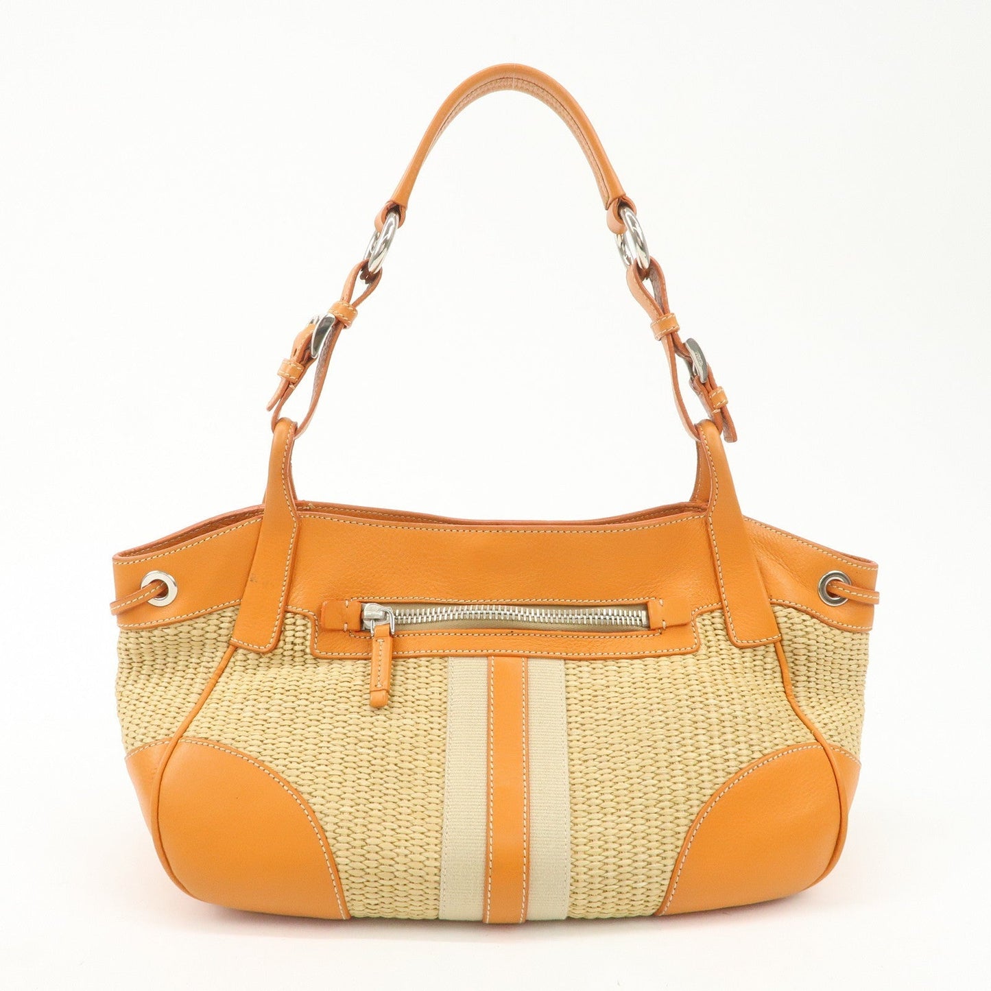 PRADA Triangle Logo Raffia Leather Shoulder Bag Beige Orange