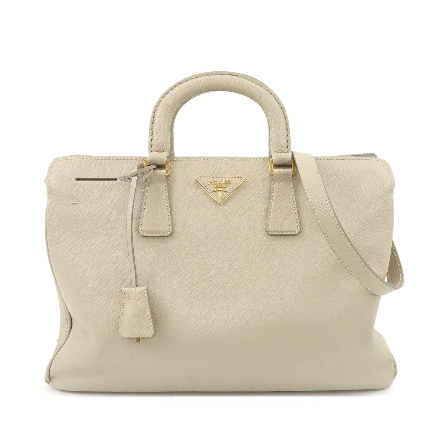 PRADA Triangle Logo Leather 2Way Bag Hand Bag Beige Gold Hardware