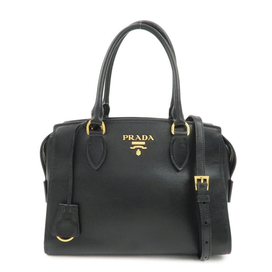 PRADA Leather 2Way Bag Hand Bag Black Gold Hardware