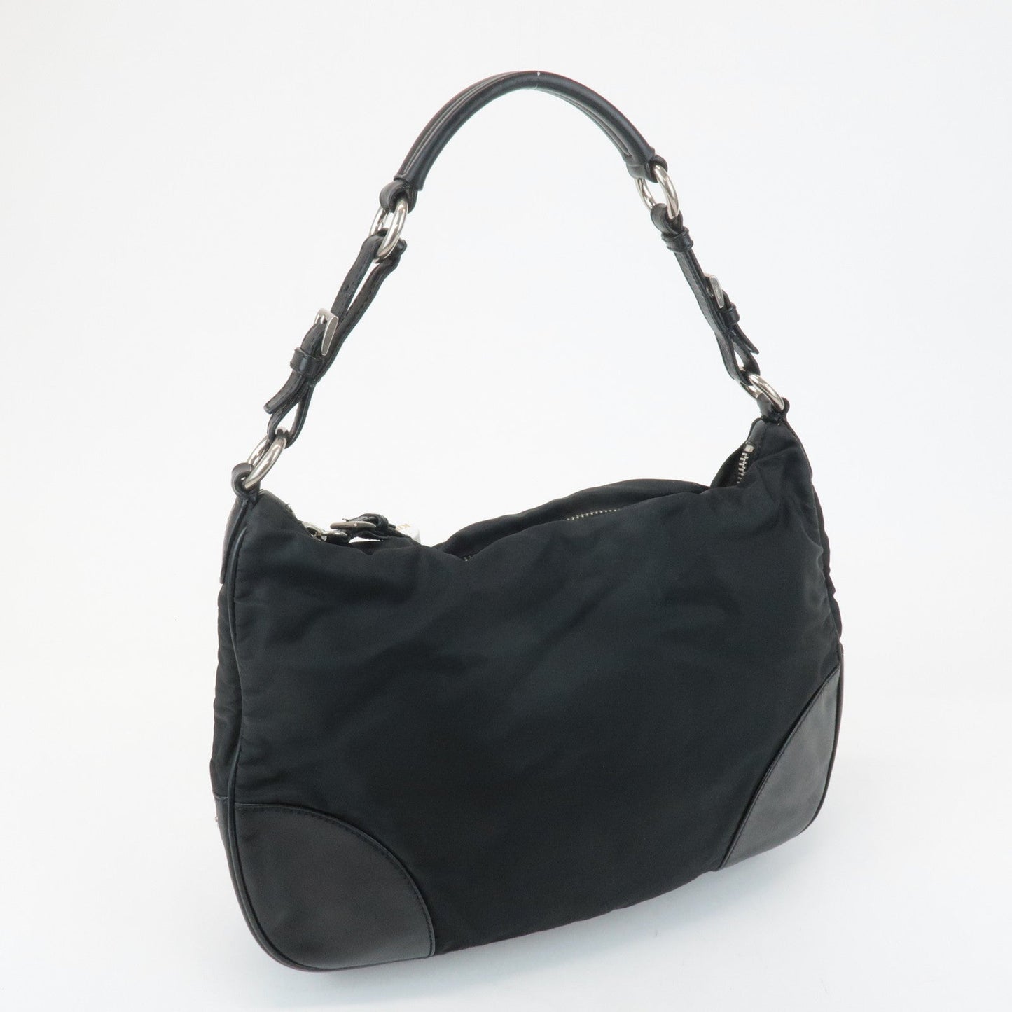 PRADA Triangle Logo Leather Nylon Shoulder Bag Black