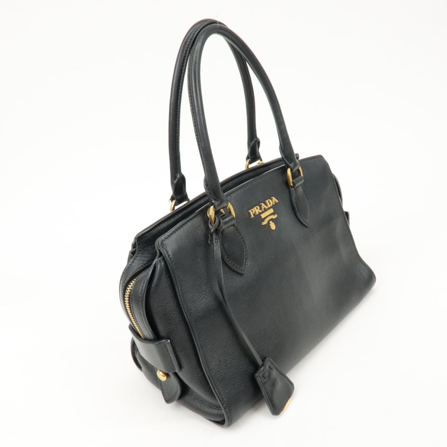 PRADA Leather 2Way Bag Shoulder Hand Bag Black Gold