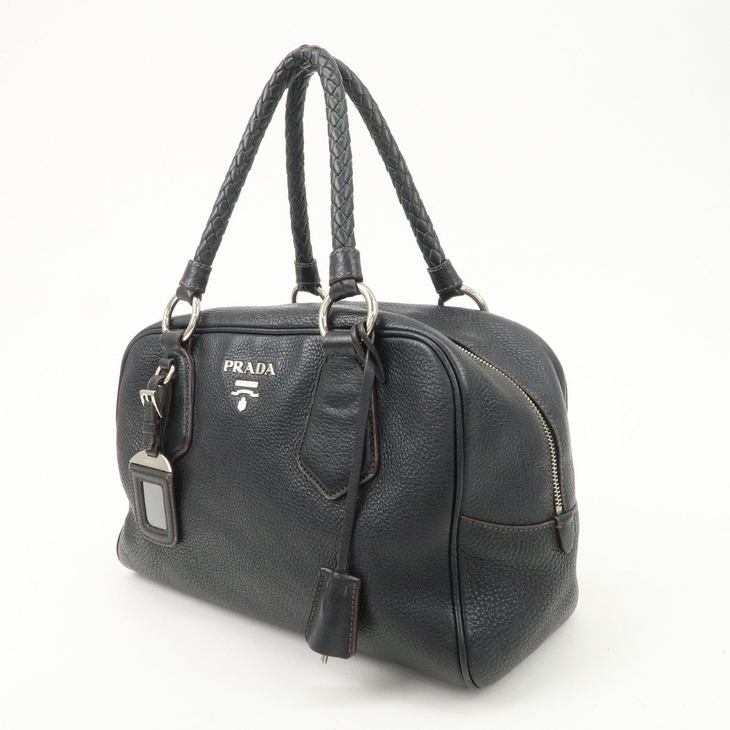 PRADA Logo Leather Hand Bag Mini Boston Bag Black BL0471