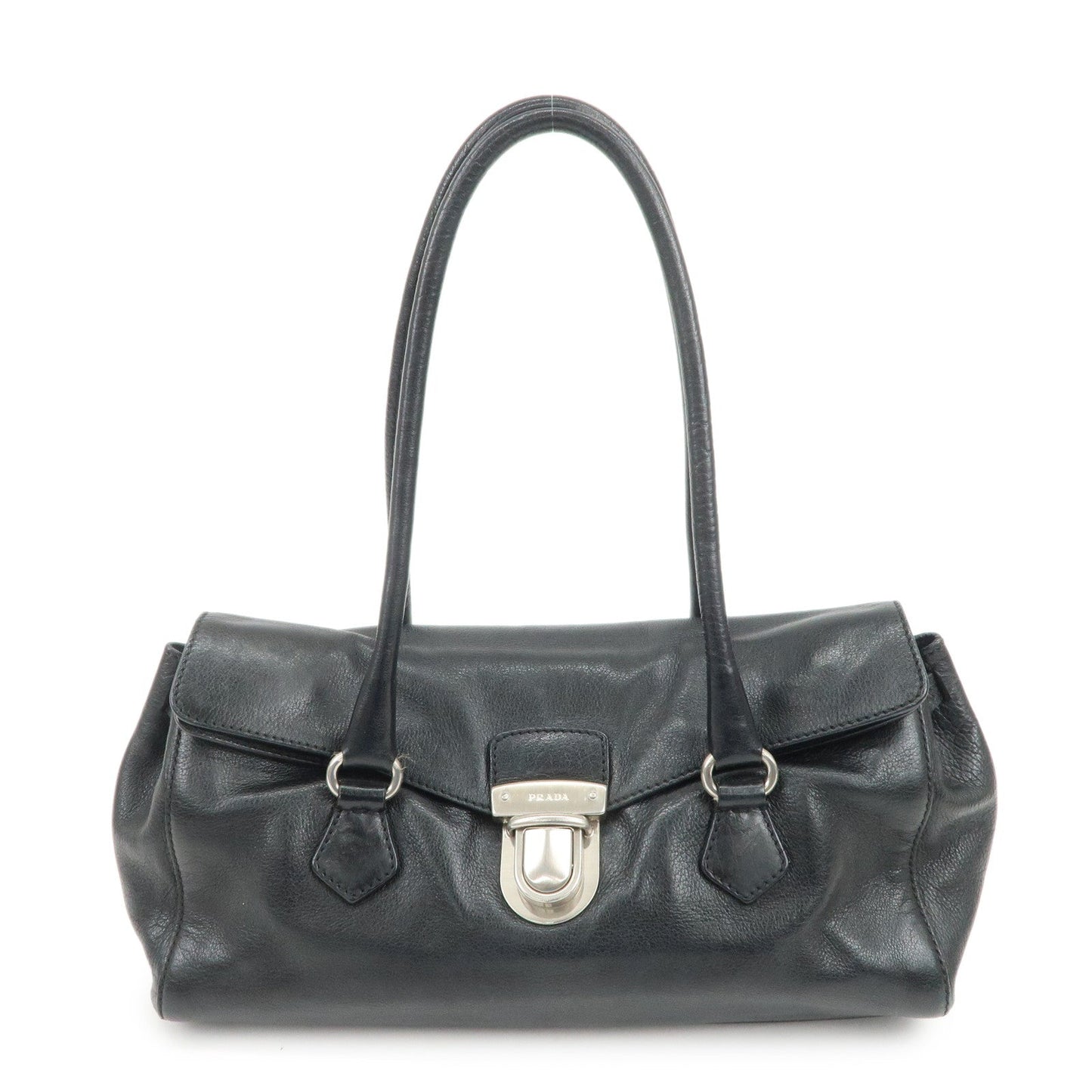 PRADA Triangle Logo Leather Shoulder Bag Hand Bag Black