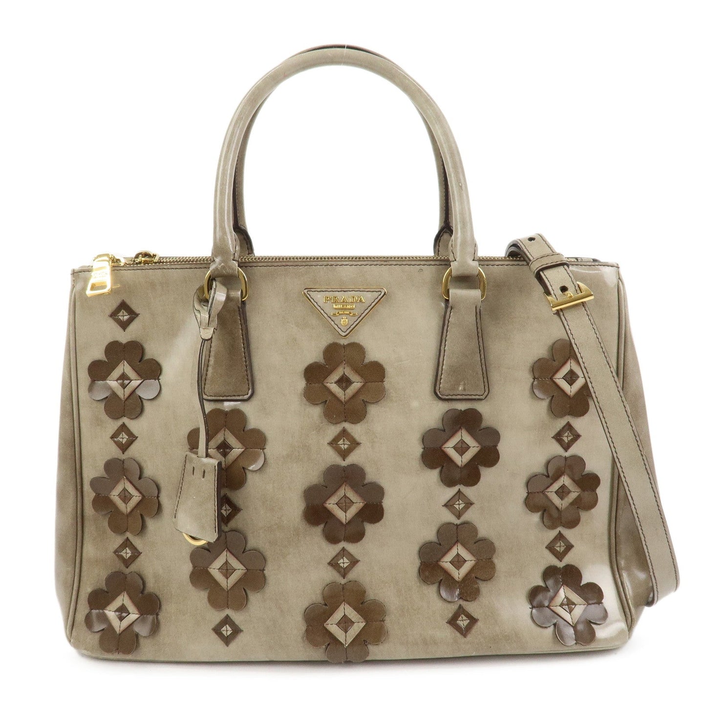 PRADA Patent Leather Flower Galleria 2Way Tote Bag Greige BB2274F
