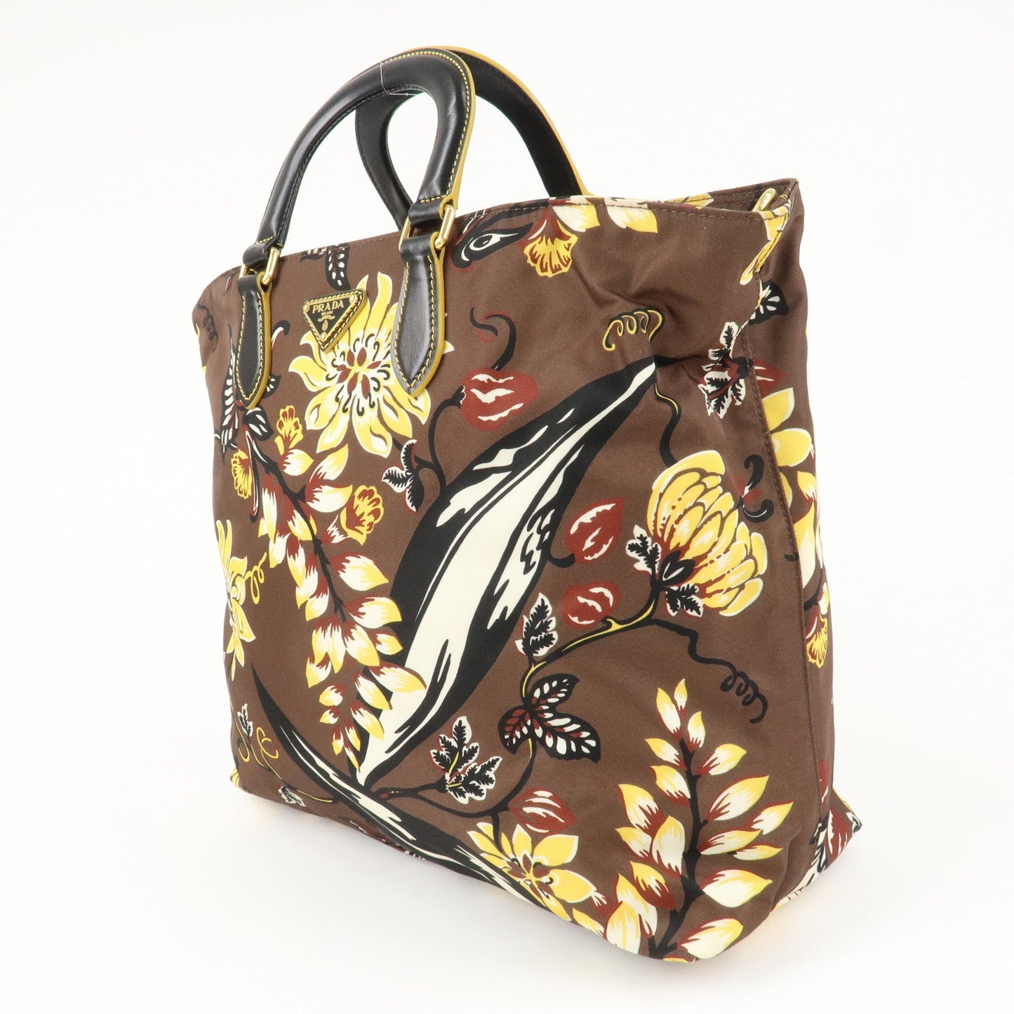 PRADA Triangle Logo Nylon Leather 2Way Bag Shoulder Bag Hand Bag Floral Print Brown Yellow BN2741