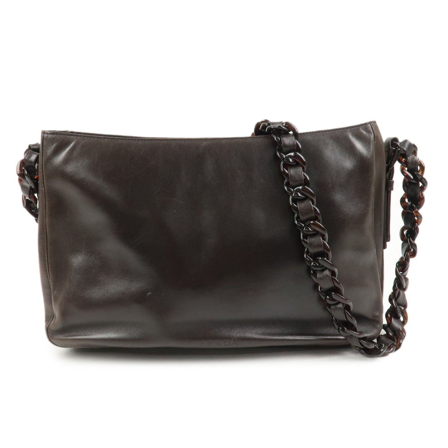 PRADA Logo Suede Leather Plastic Chain Shoulder Bag Brown