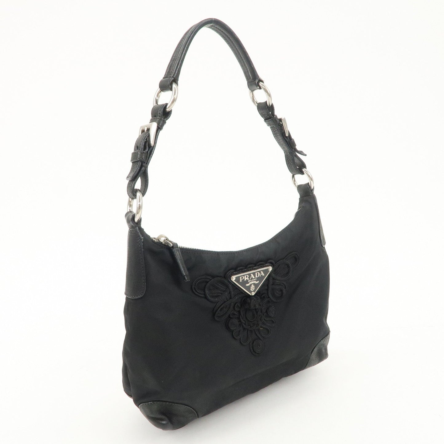PRADA Triangle Logo Leather Nylon Shoulder Bag Hand Bag Black