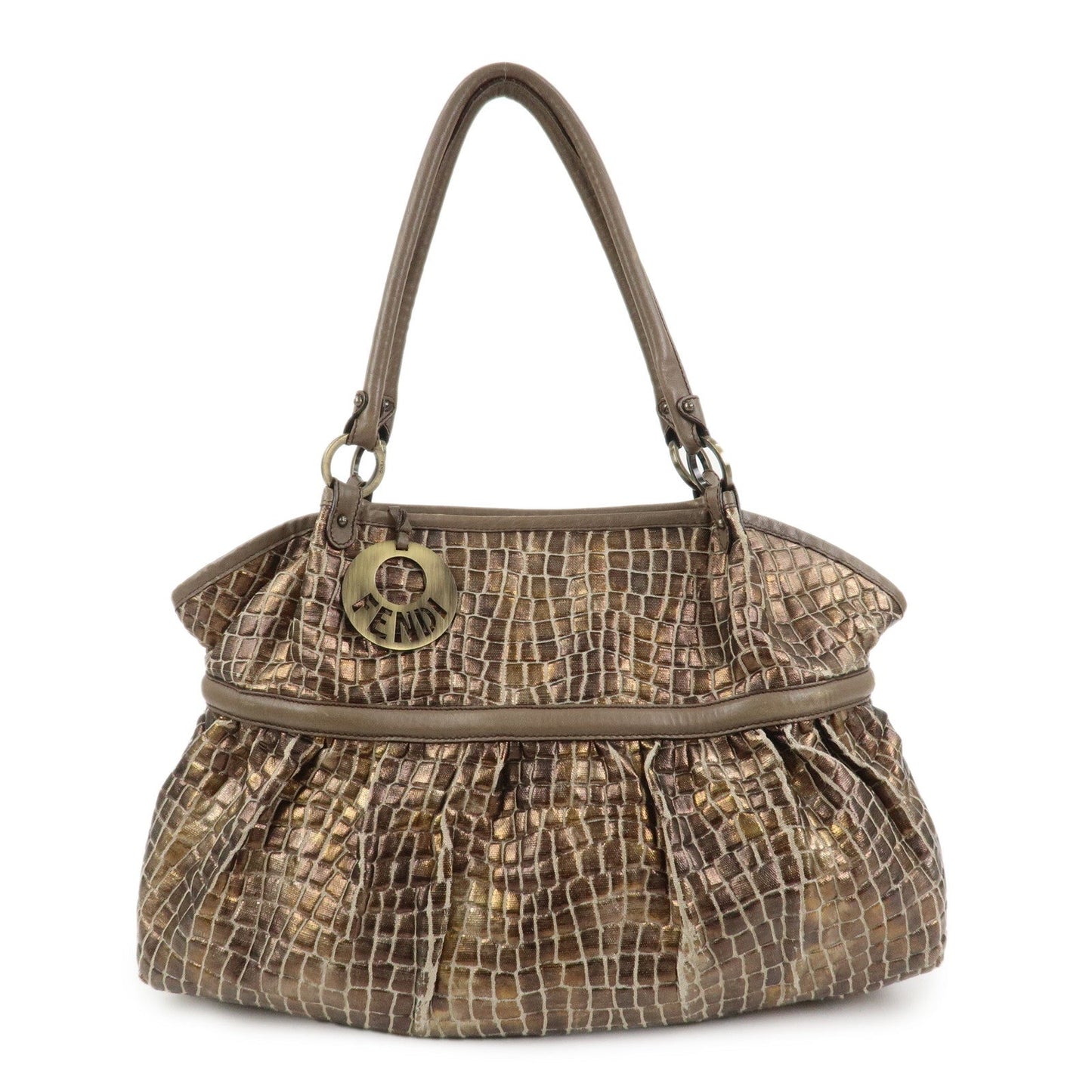 FENDI Embossed Leather Gathered Shoulder Bag Tote Bag Brown 8BH186