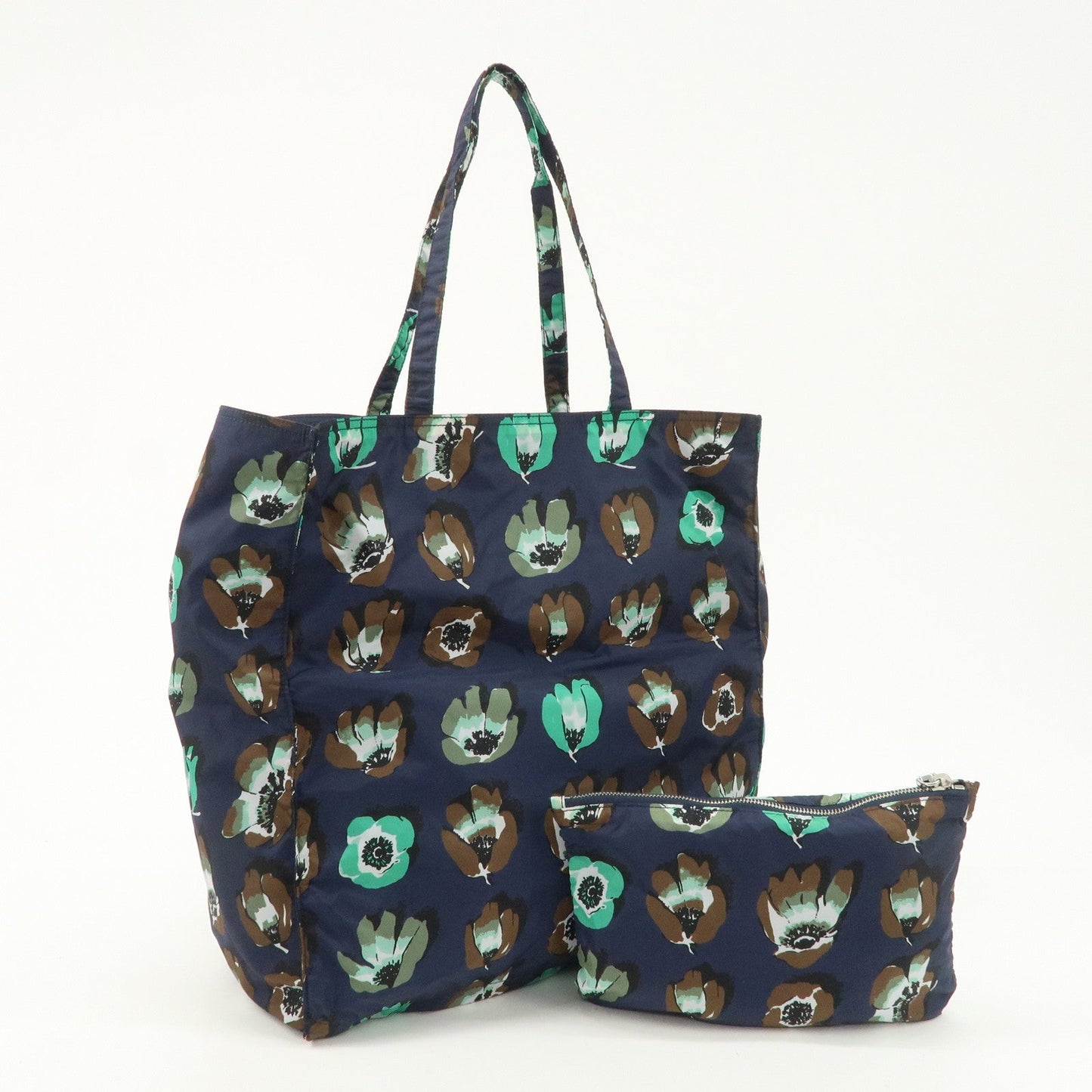 PRADA Triangle Logo Nylon Tote Bag w/Pouch Flower Print Navy B4626B
