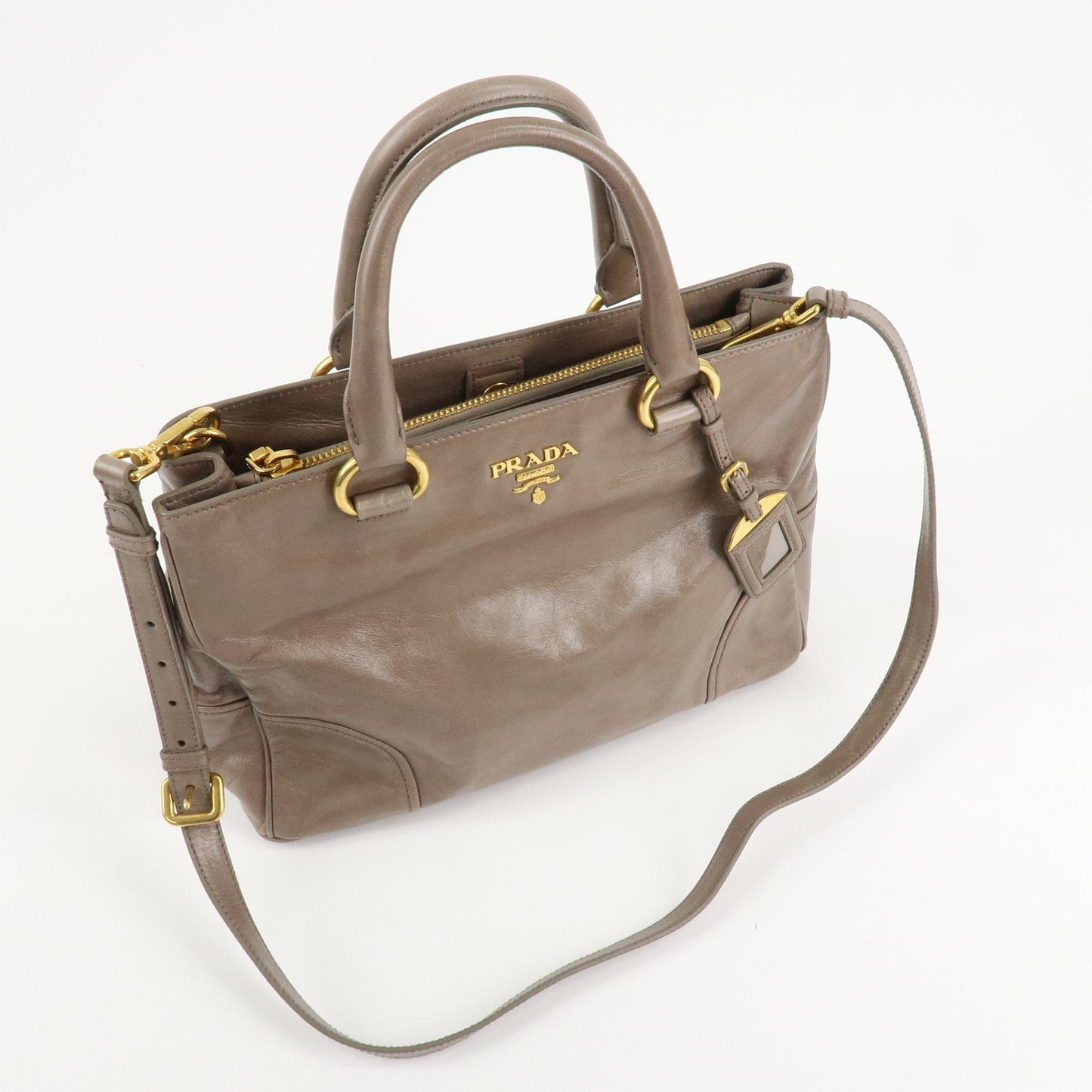 PRADA Logo Leather 2Way Bag Hand Bag Shoulder Bag Greige BN2533