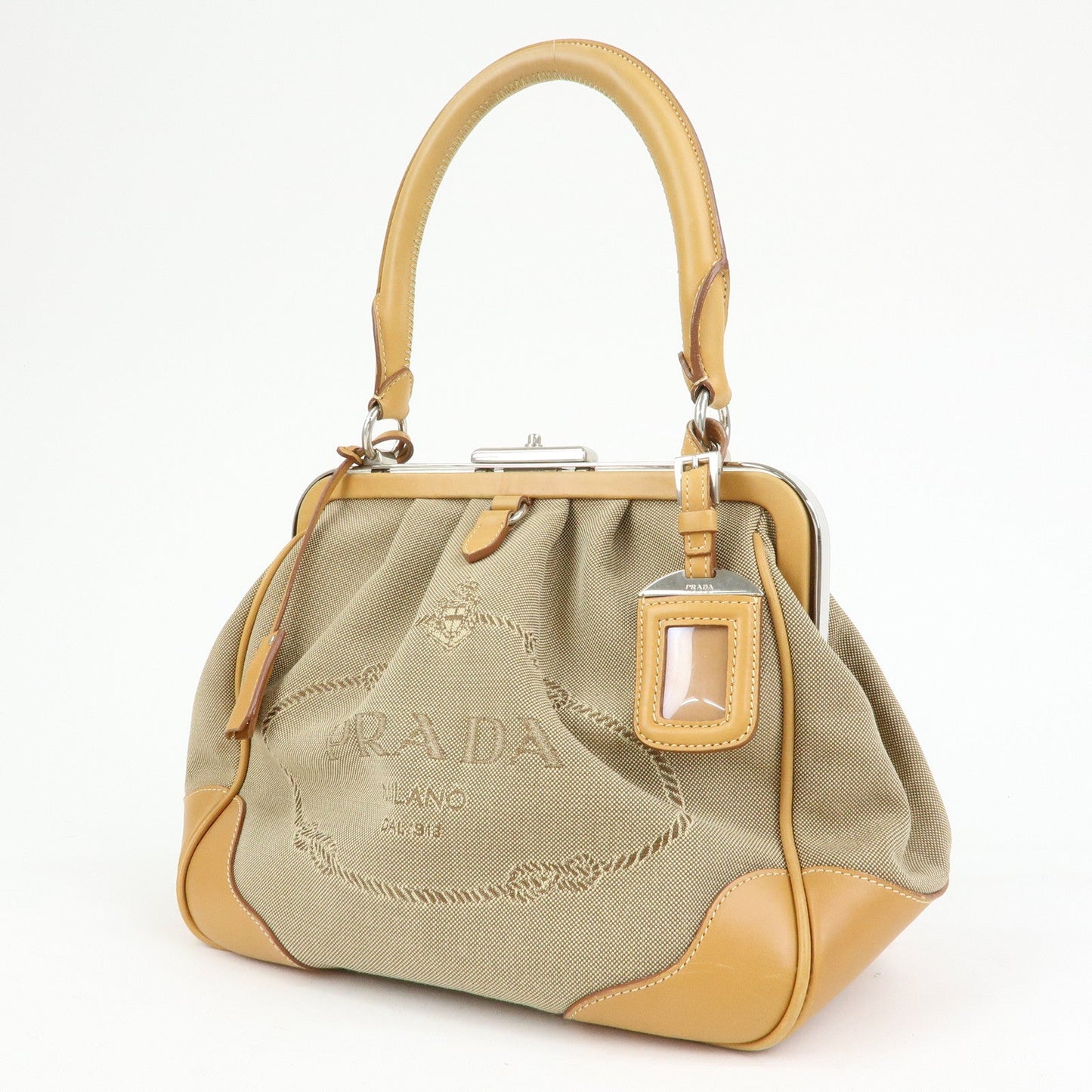 PRADA Logo Jacquard Leather Shoulder Bag Light Brown BR3481