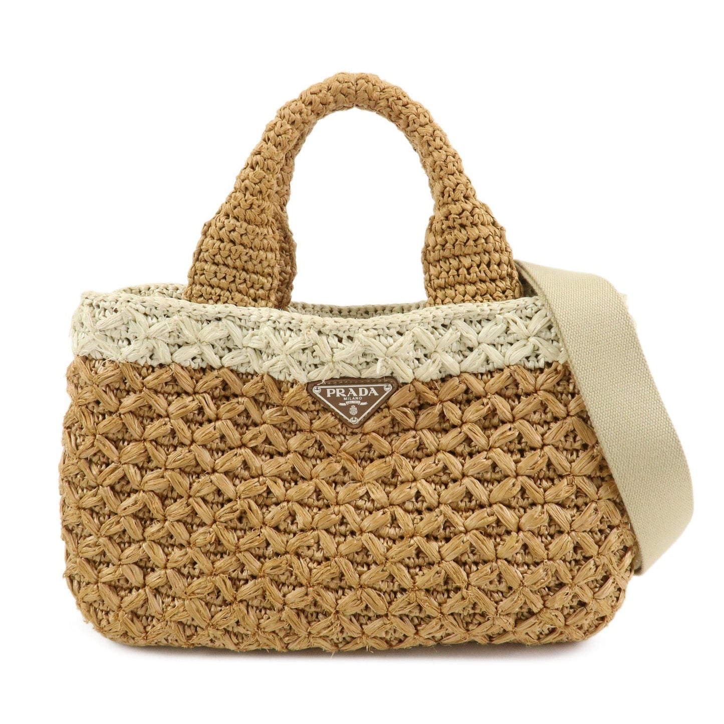 PRADA Canapa Raffia 2 Way Bag Hand Shoulder Bag Brown Ivory BN2889