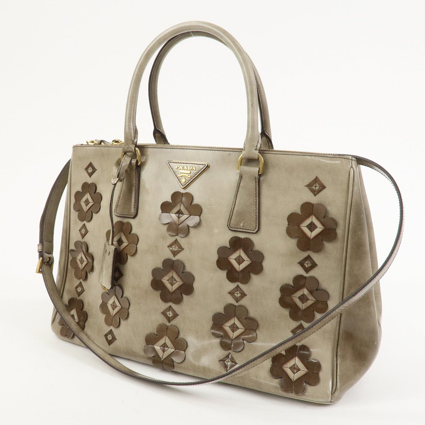 PRADA Patent Leather Flower Galleria 2Way Tote Bag Greige BB2274F