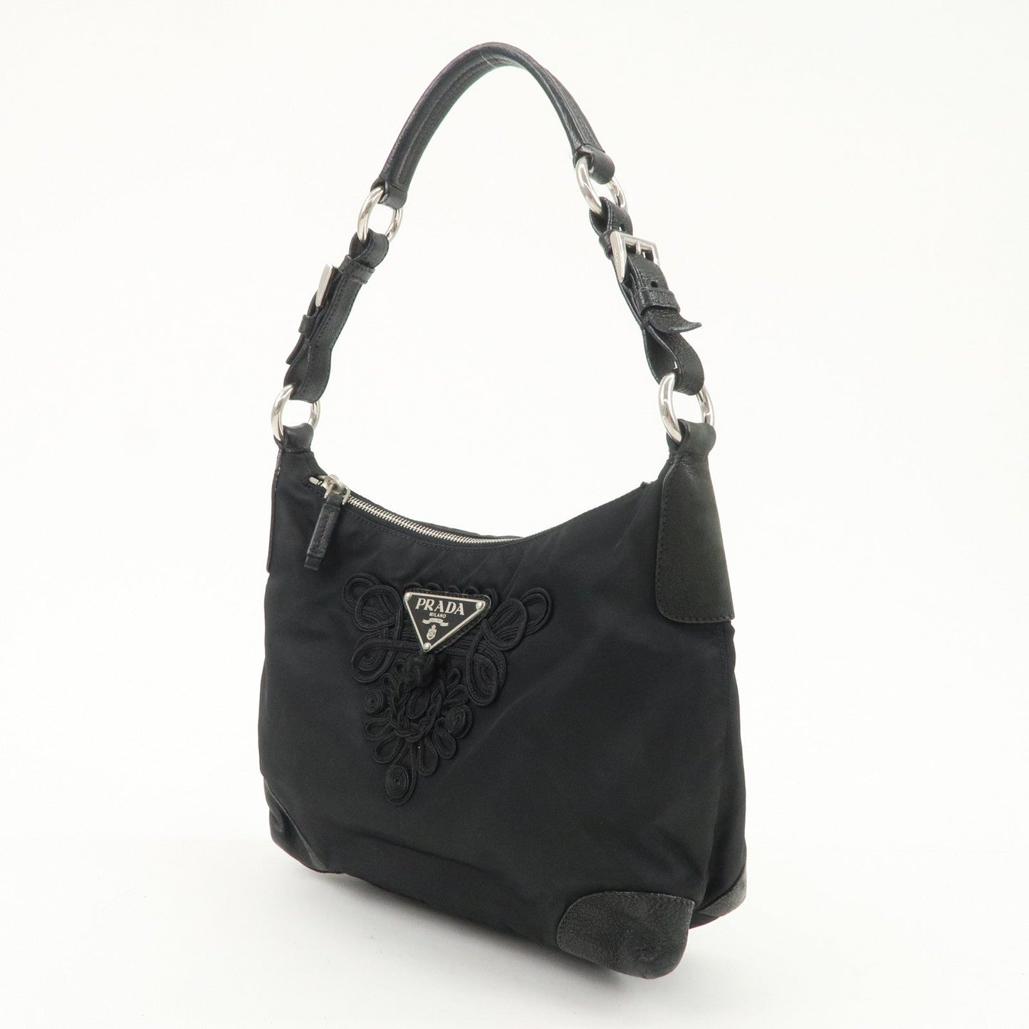 PRADA Triangle Logo Leather Nylon Shoulder Bag Hand Bag Black