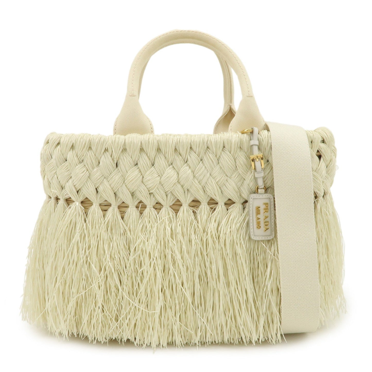 PRADA Logo Raffia Canvas Straw Hand Bag White Gold Charm1BG089