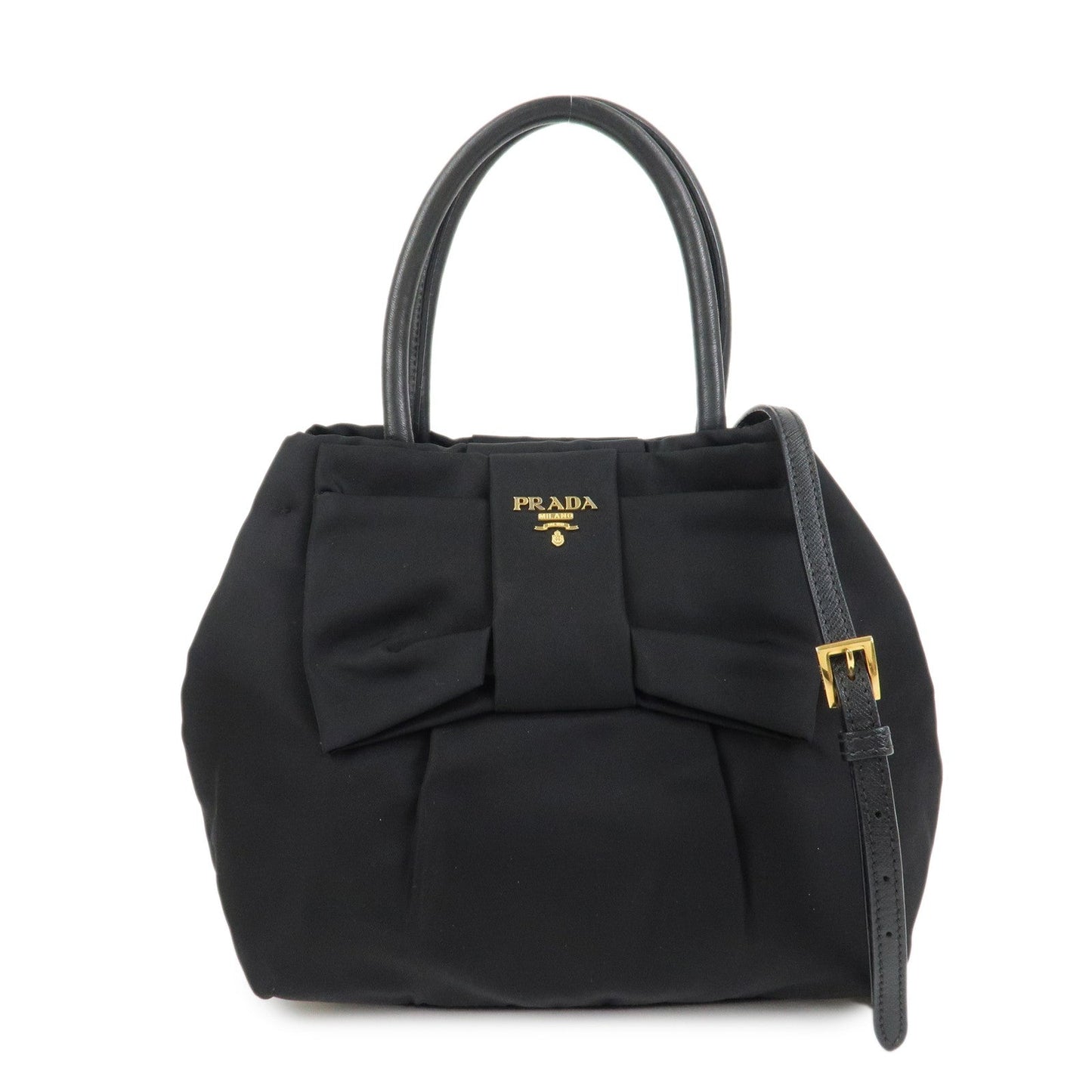 PRADA Nylon Leather Ribbon Hand Bag Tote Bag Black BN1601
