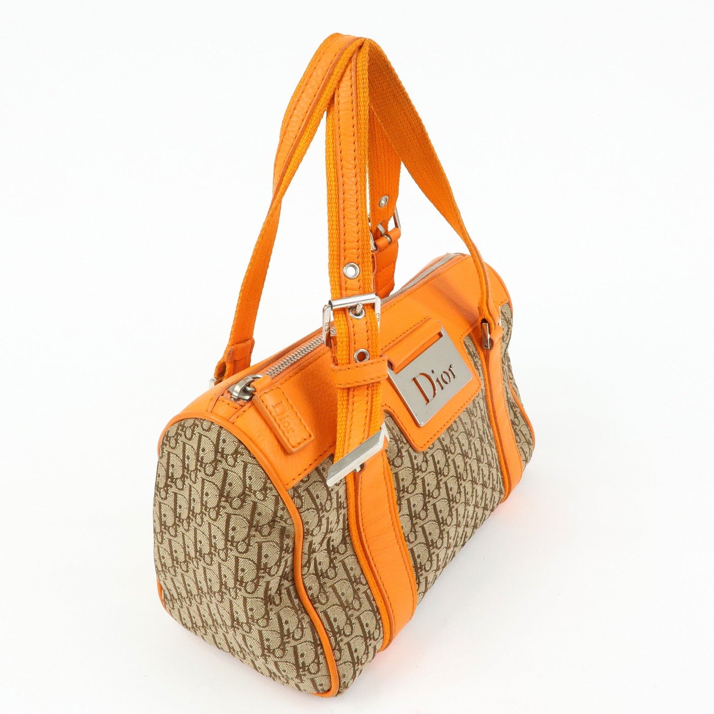 Christian Dior Trotter Canvas Leather Boston Hand Bag Beige Orange