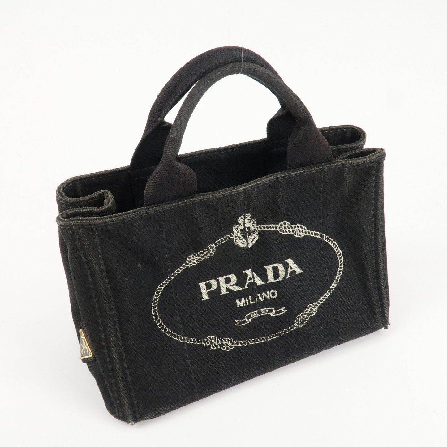 PRADA Logo Canapa Mini Canvas Tote Bag Hand Bag Black BN2439