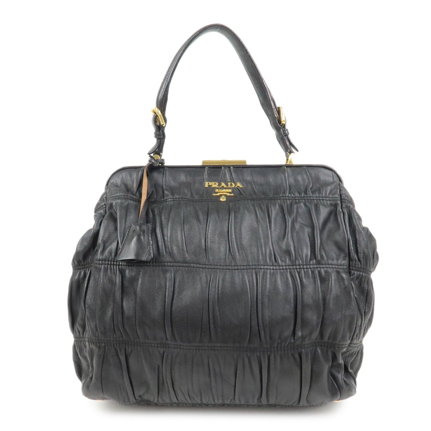 PRADA Logo Nappa Leather Gathered Shoulder Bag Hand Bag Black