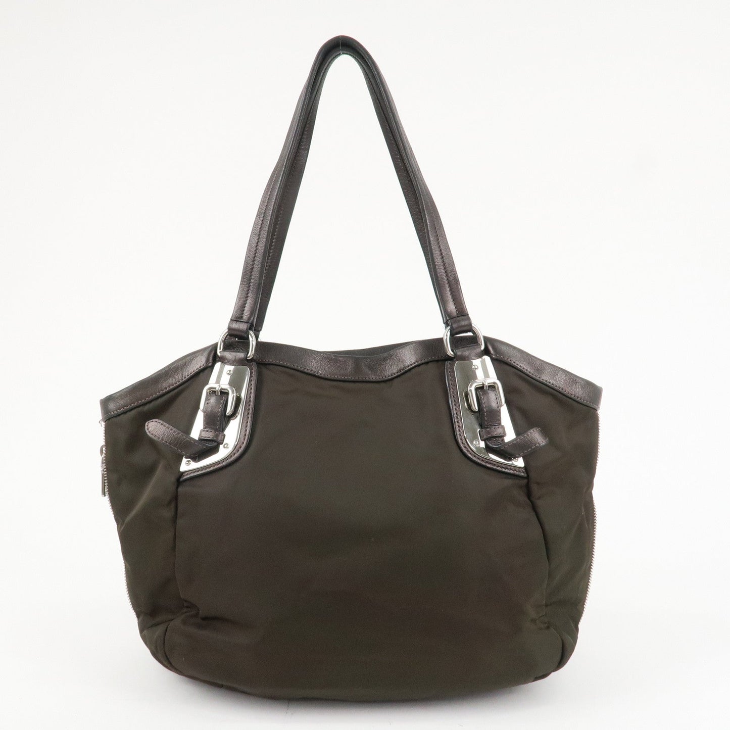 PRADA Logo Nylon Leather Tote Bag Shoulder Bag Khaki Metallic Brown