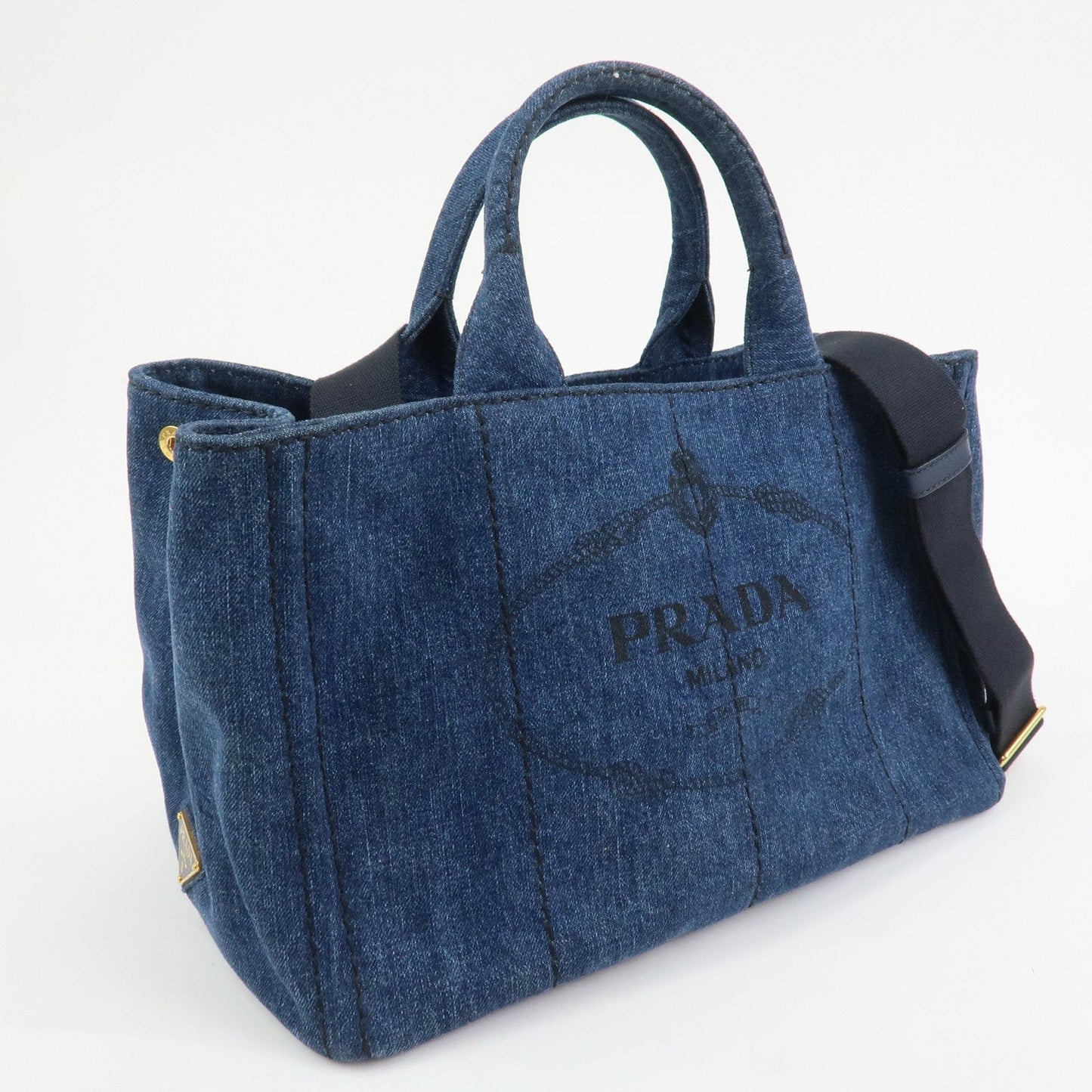 PRADA Logo Canapa Canvas Denim 2way Bag Hand Bag Blue B1877B