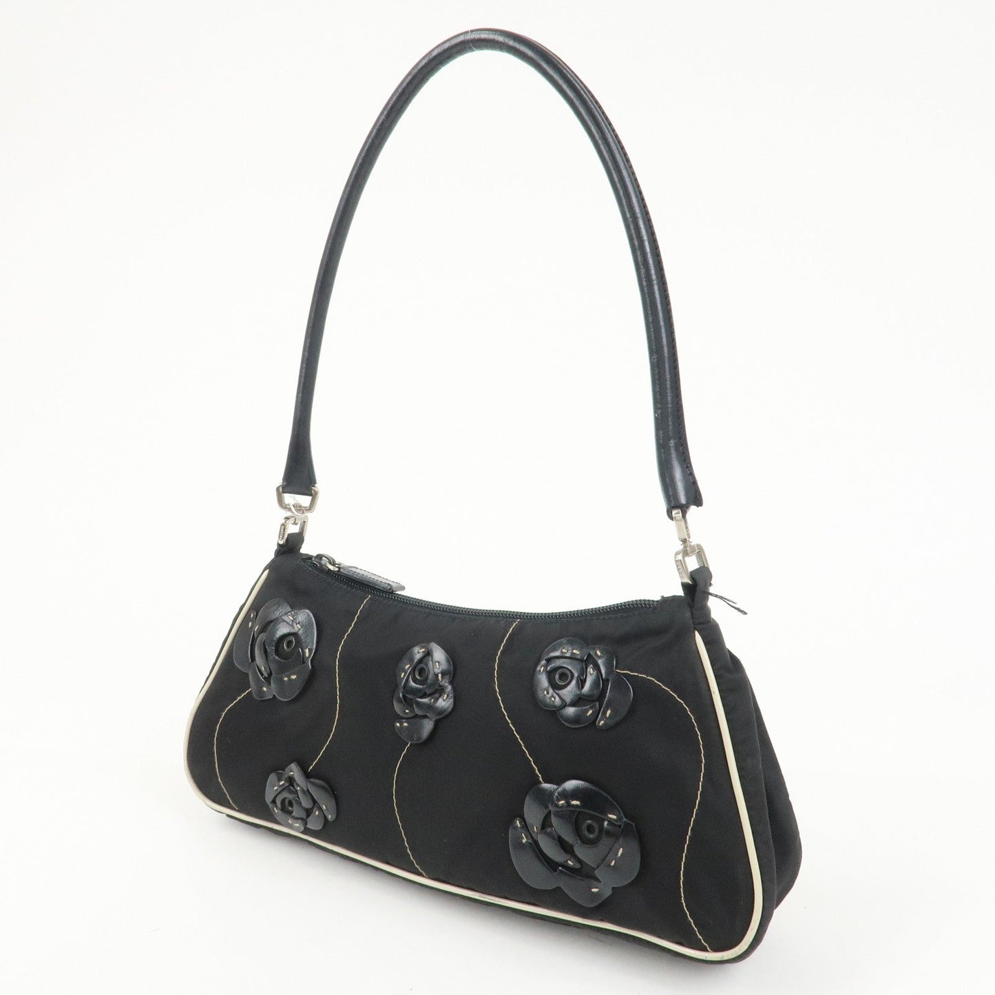 PRADA Nylon Leather Shoulder Bag Hand Bag Flower Motif Black