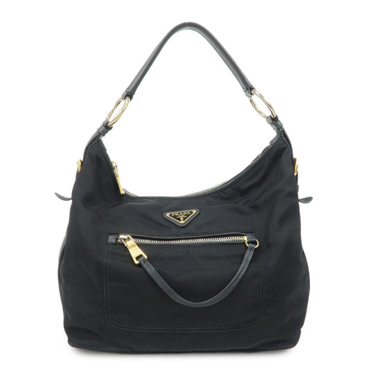 PRADA Triangle Logo Leather Nylon Shoulder Bag Black
