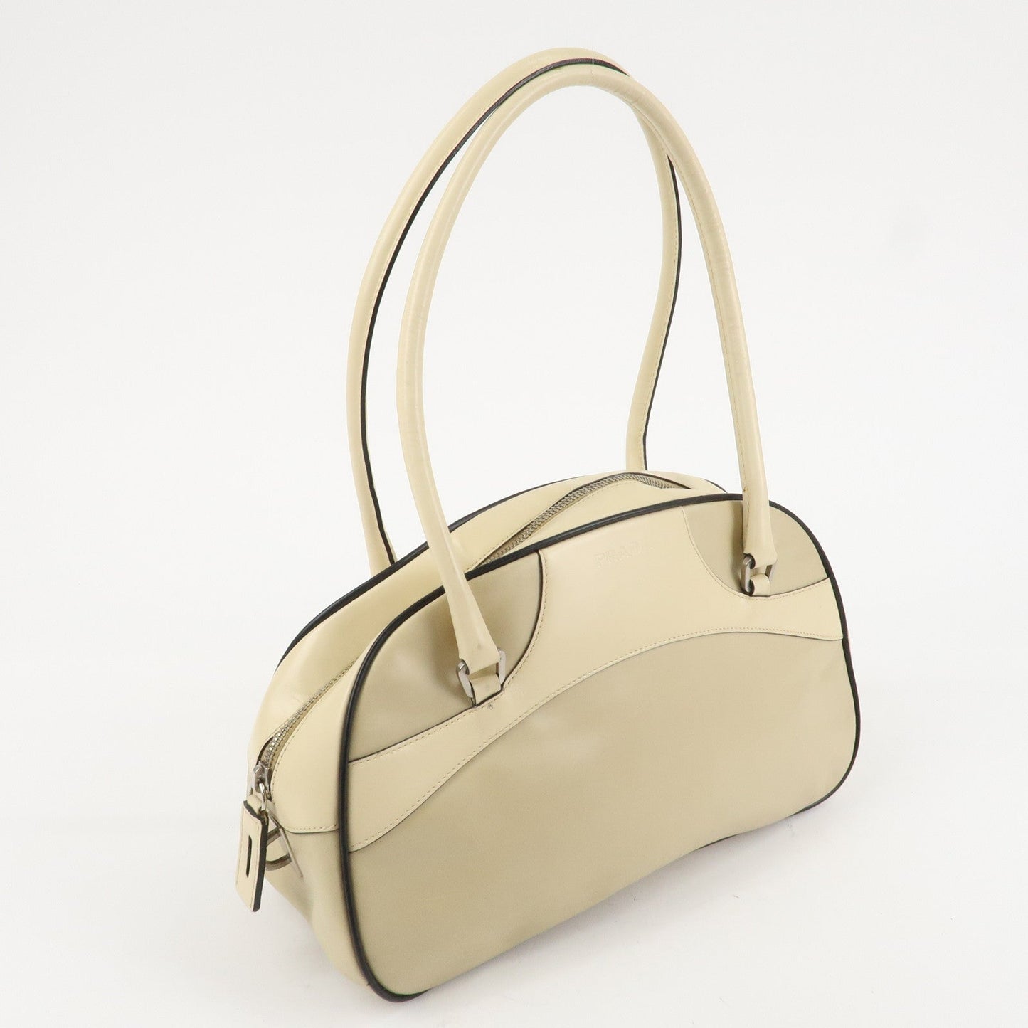 PRADA Leather Bowling Bag Boston Bag Ivory Silver Hardware BL0049