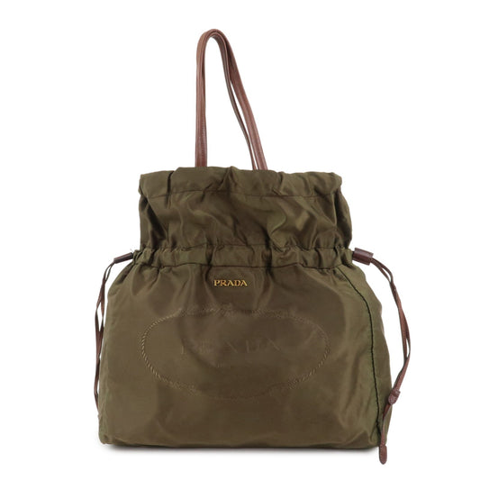 PRADA Logo Nylon Leather Drawstring Tote Bag Shoulder Bag Brown