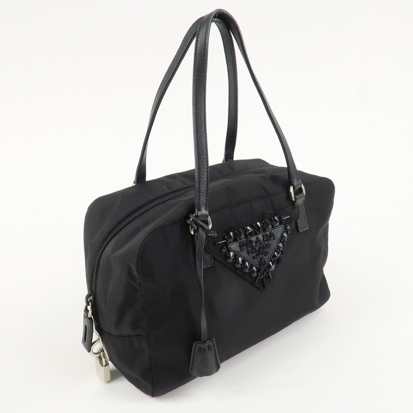 PRADA Evening Triangle Logo Leather Nylon Bijou Boston Bag Shoulder Bag