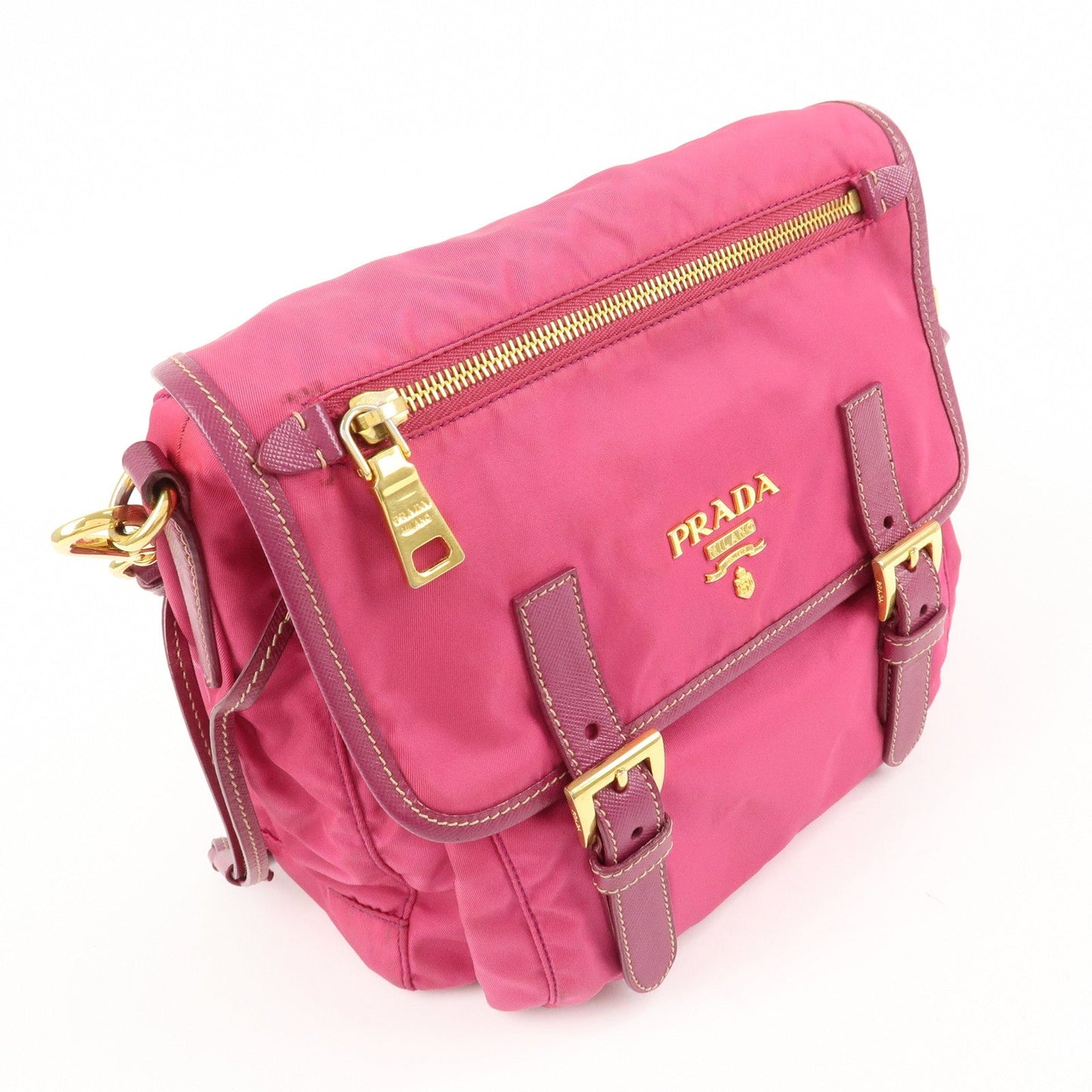 PRADA Nylon Saffiano Leather Flap Messenger Shoulder Bag Pink BT0697