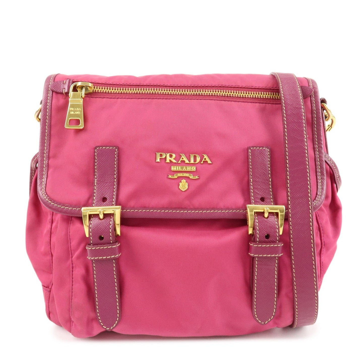 PRADA Nylon Saffiano Leather Flap Messenger Shoulder Bag Pink BT0697