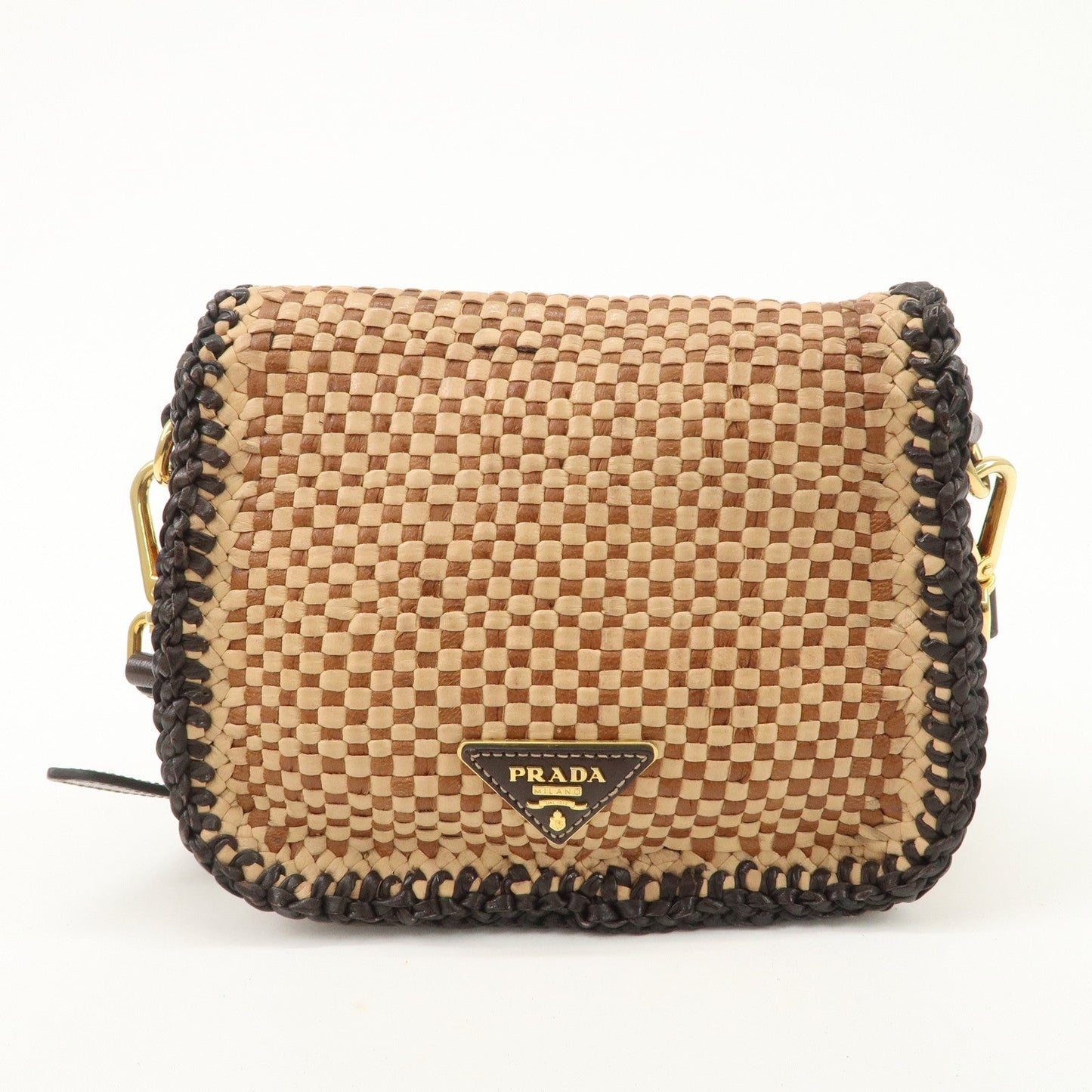 PRADA Madras Leather Shoulder bag Beige Brown BT781V