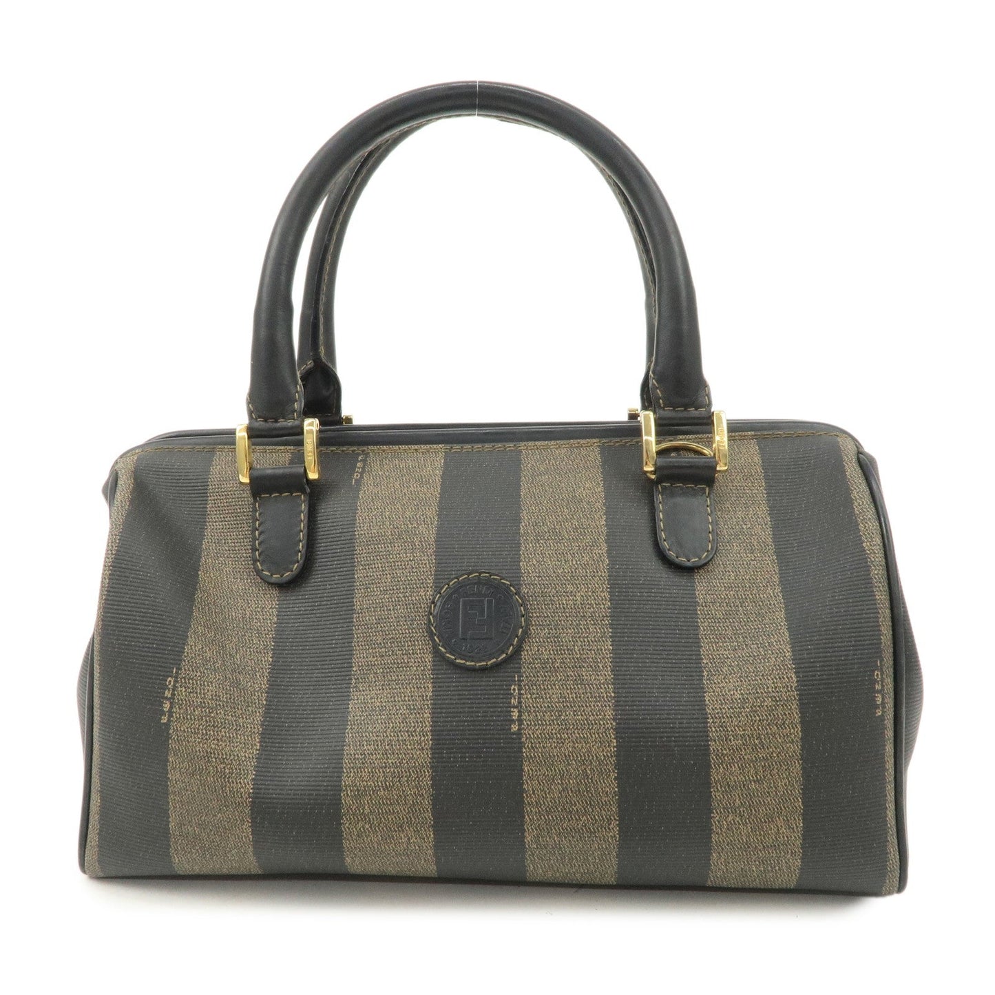 FENDI Pequin PVC Canvas Hand Bag Boston Bag Black Brown
