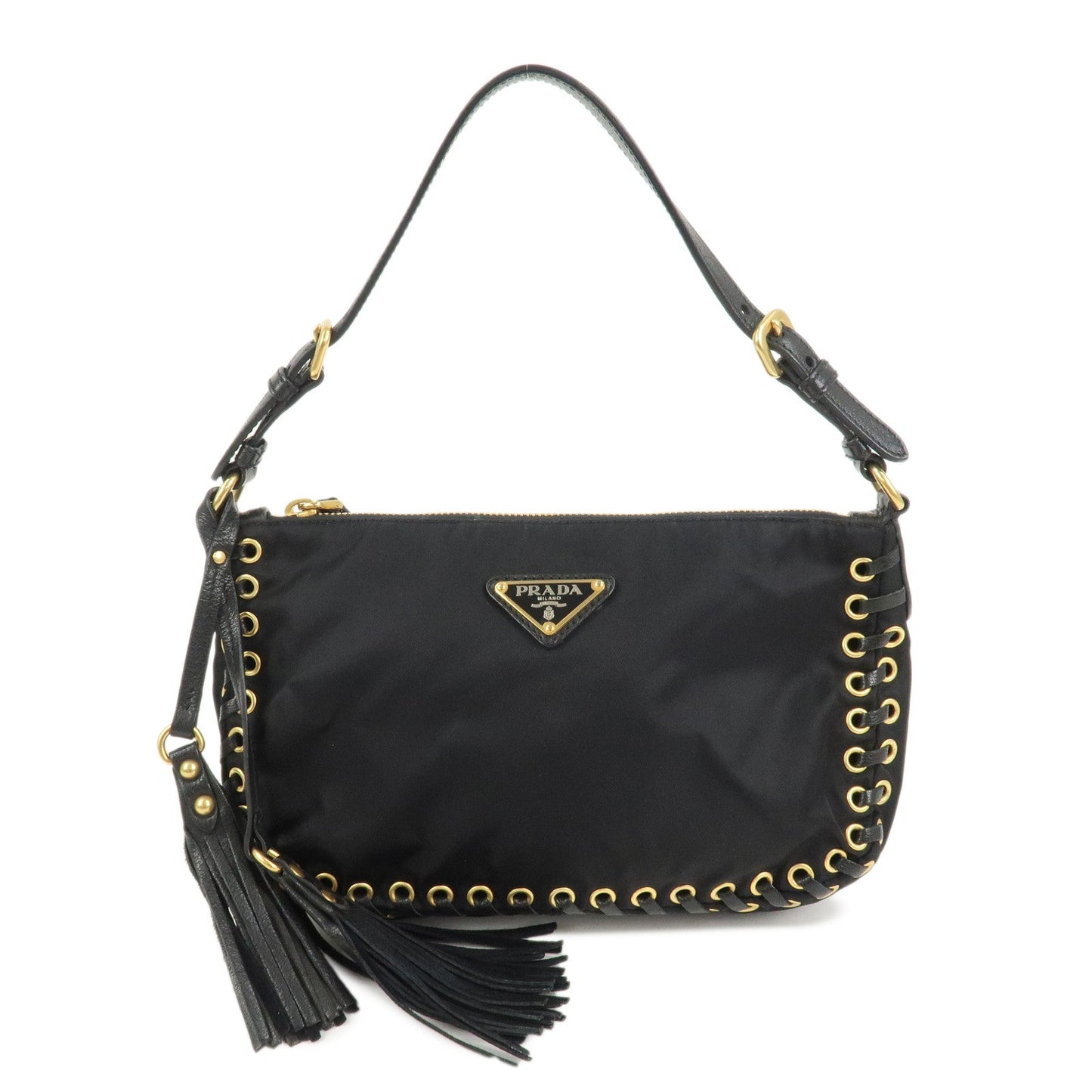 PRADA Triangle Logo Nylon Leather Shoulder Bag Tassel Black BR3754