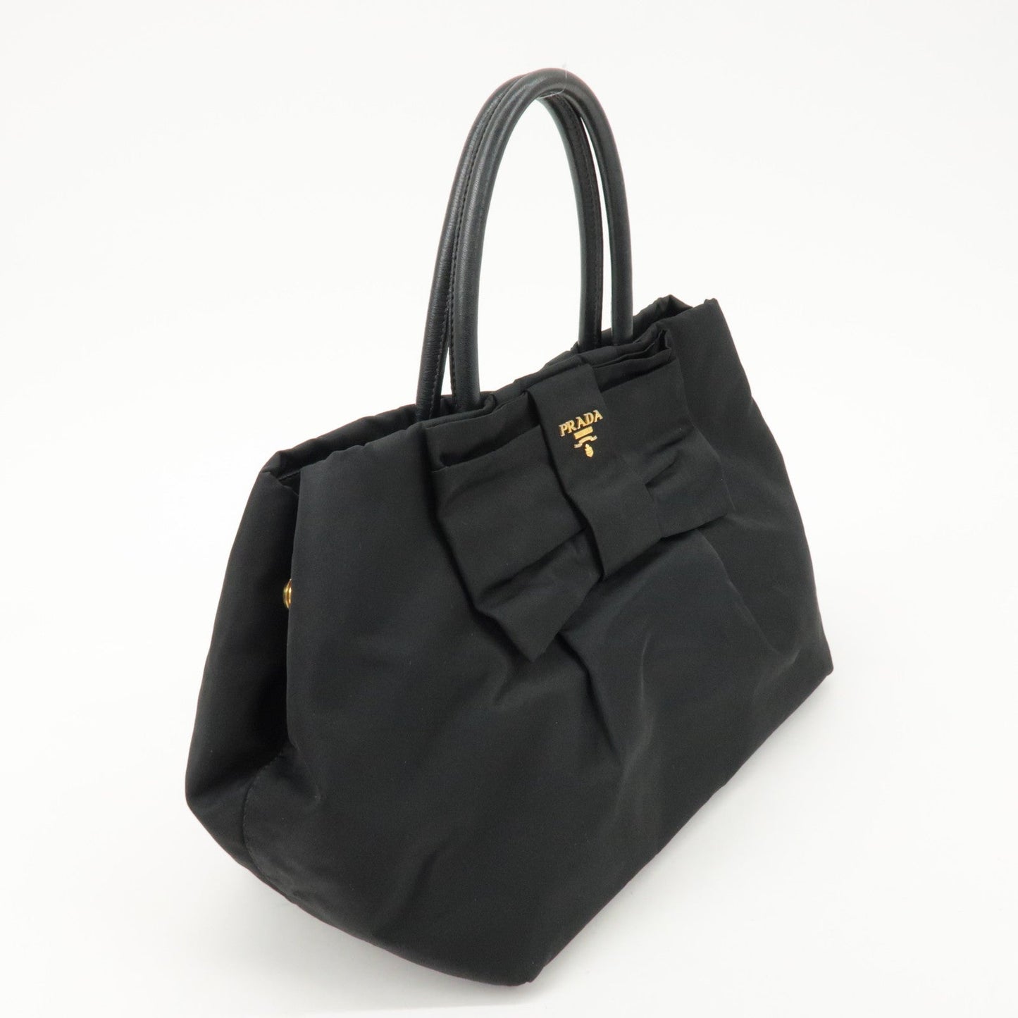PRADA Nylon Leather Ribbon Hand Bag Tote Bag Black BN1601