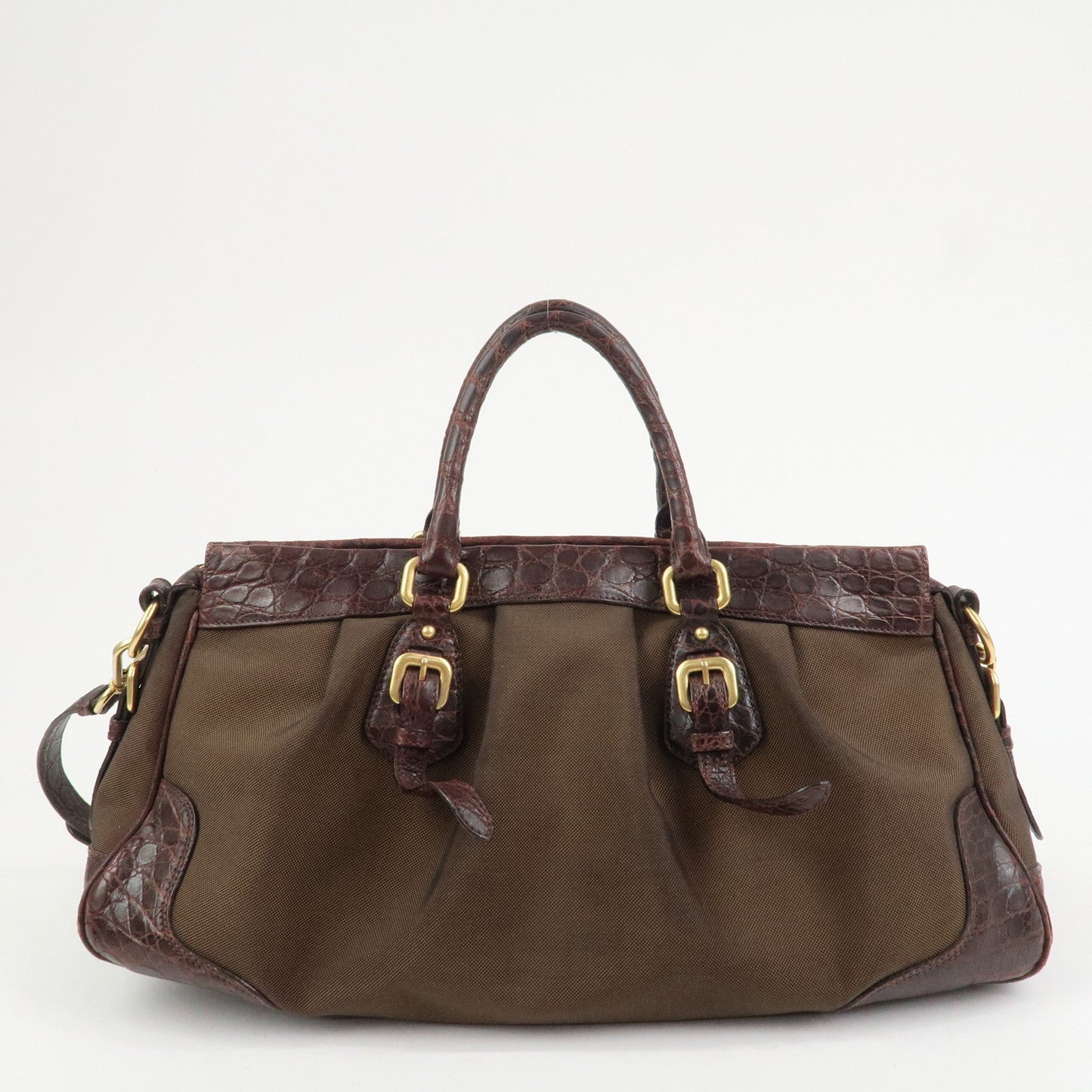 PRADA Logo Canvas Embossed Leather 2Way Shoulder Bag Hand Bag Brown