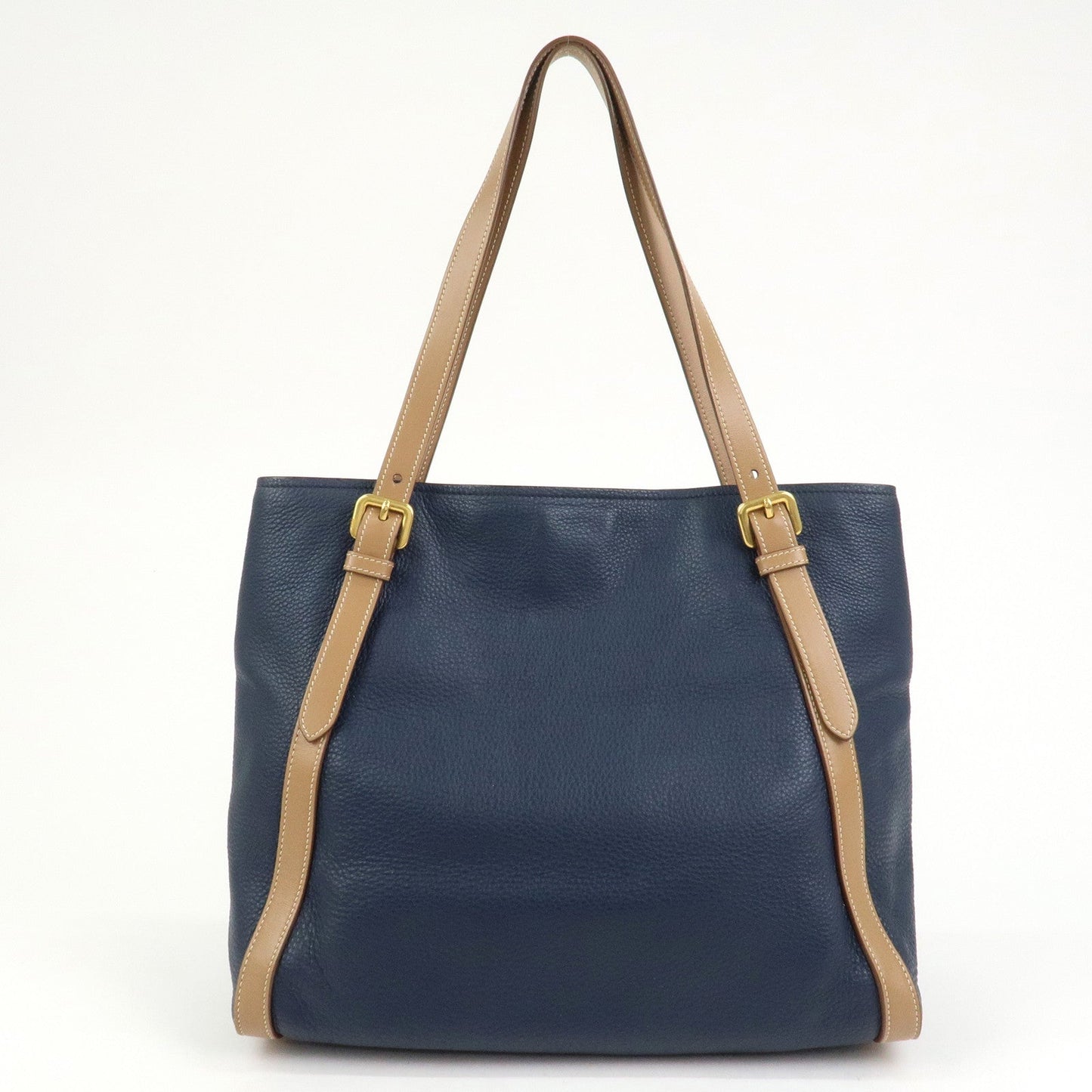 PRADA Logo Leather Tote Bag Shoulder Bag Navy Light Brown 1BG064