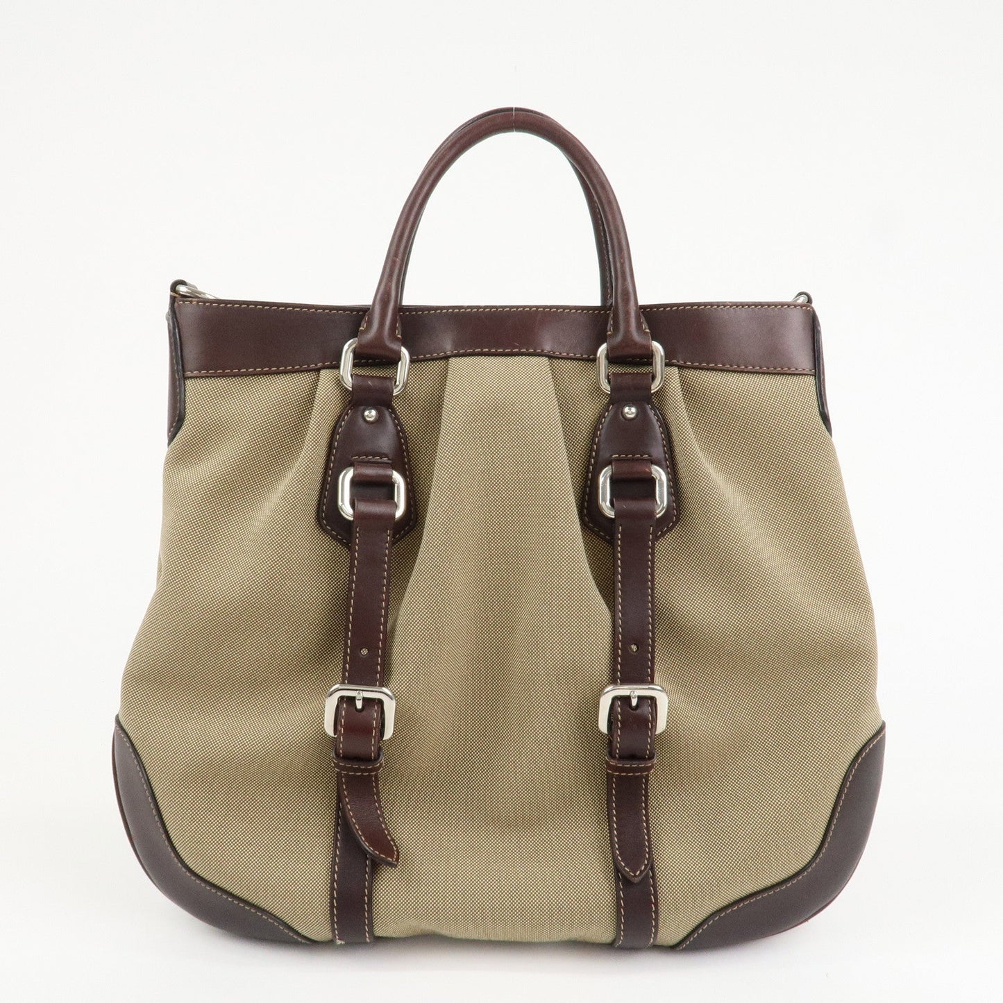 PRADA Logo Jaguard Leather 2way Hand Bag Beige Brown BN1184