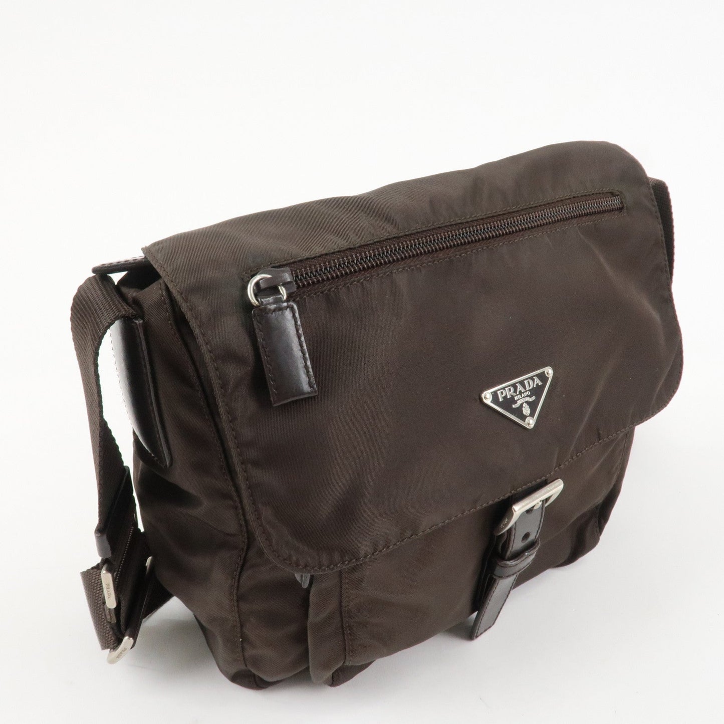 PRADA Triangle Logo Nylon Leather Shoulder Bag Crossbody Bag Brown
