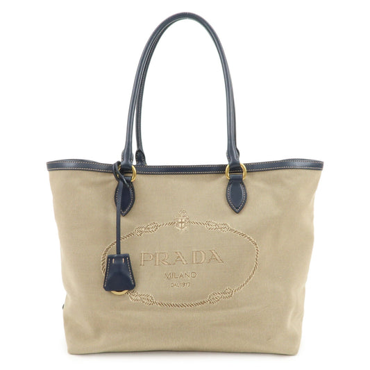 PRADA Logo Jacquard Leather Tote Bag Shoulder Bag Beige 1BG158
