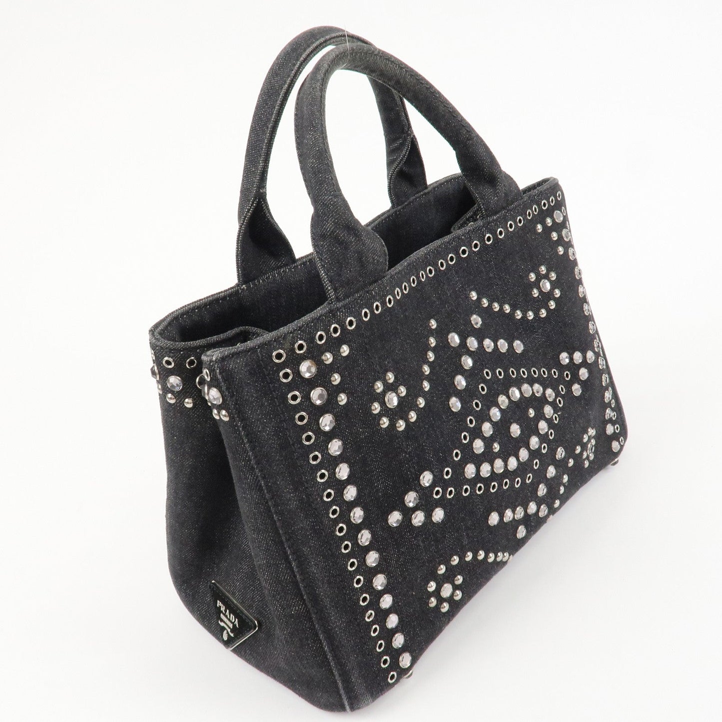 PRADA Canapa Mini Canvas Studs 2Way Shoulder Bag Hand Bag Black B2439G